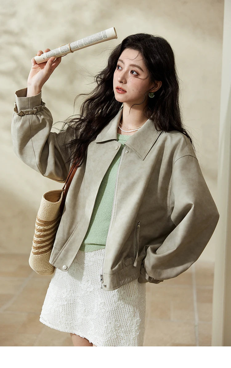 MISHOW Minimalist Short Jacket for Women Spring 2025 Casual Lapel Jacket Zipper Elastic Hem Solid Coats Streetwear MXE13W0715