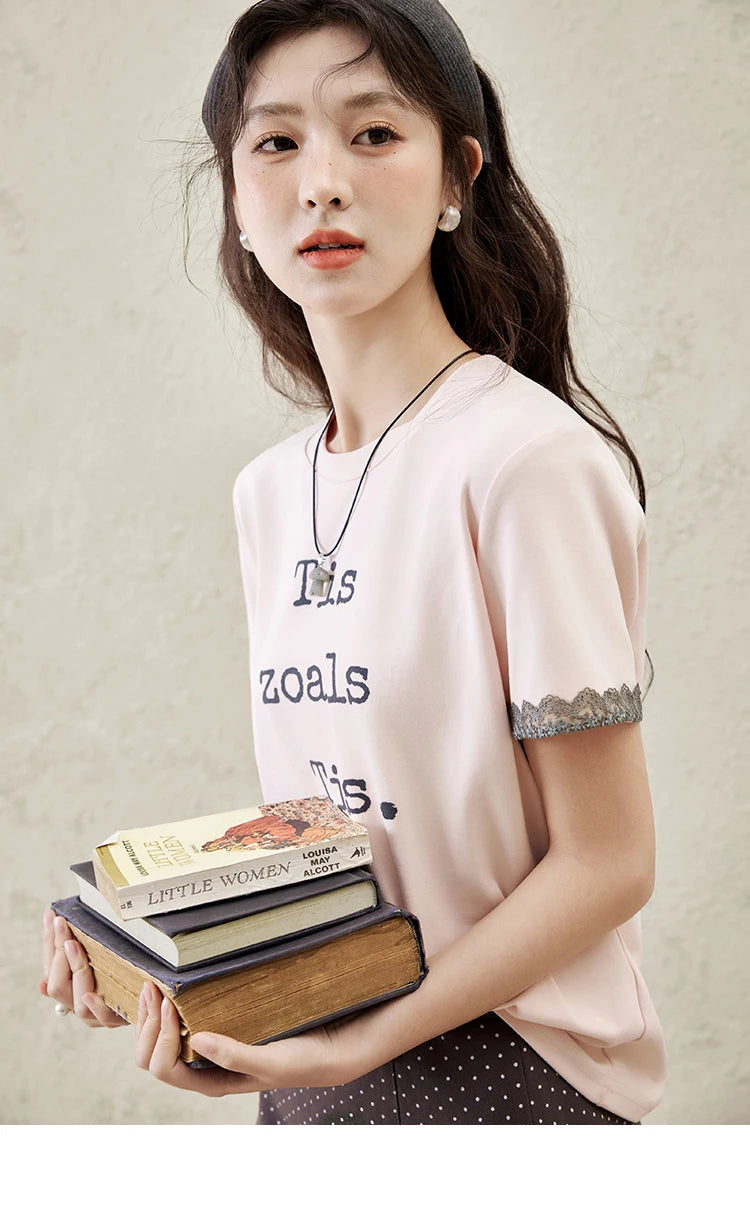 MISHOW Casual Pink Letter T-shrit Women Summer 2025 New Short Sleeve Round Neck Shirts Woman Fashion Lace Tops Lady MXE32T0529