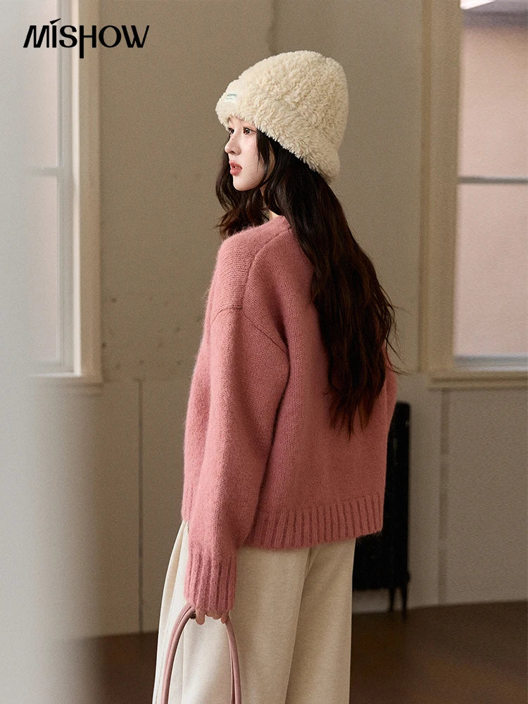 Mishow Pink Jacquard Crew Neck Pullover MXE91Z2831