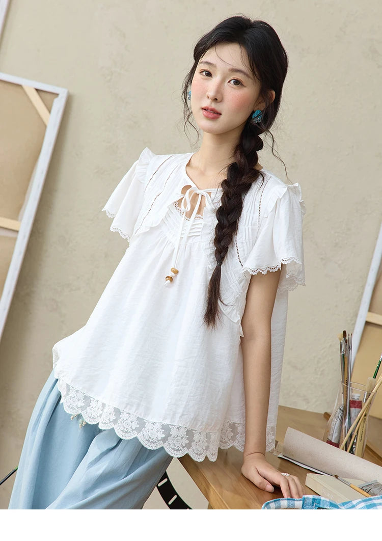 MISHOW White Lace Up Blouse Women's 2025 Summer New Fashion Butterfly Sleeve Hollow Lace Splicing Top Female Clothing MXE34X1784