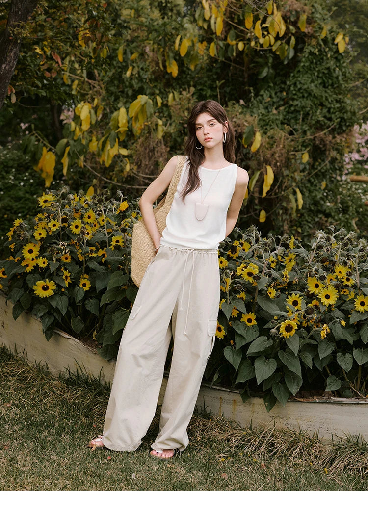 MISHOW Apricot Cargo Pants for Women in Summer 2025 Lace Patchwork Casual Pants Drawstring Elastic Waisted Trousers MXE33K0935