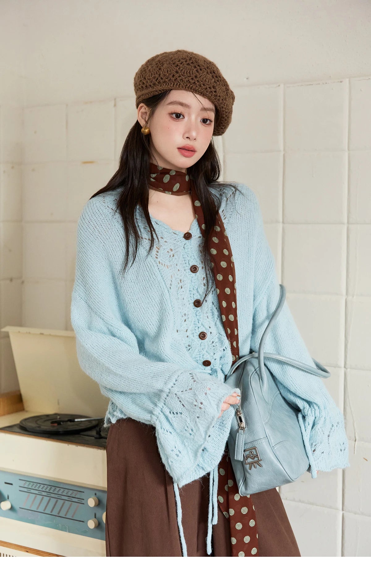 MISHOW Elegant Cardigan Women 2025 Autumn Design Hollow Knit Sweater V-neck Flared Sleeves Loose Casual Sweater MXE47Z2513