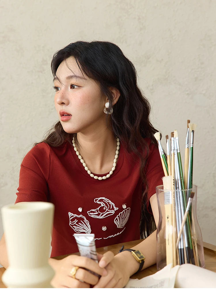 MISHOW Women's Shell Embroidered T-shirt 2025 Summer Short Sleeve Cotton Blend Tops Loose Slim Round Neck Casual Tees MXE34T0570