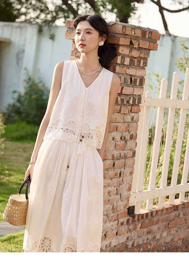 MISHOW 2 Pieces Set Woman Embroidery V-neck Hollow Lace Up Sleeveless Top Summer 2025 Slim Elastic Waist Skirt Set MXE33T0593