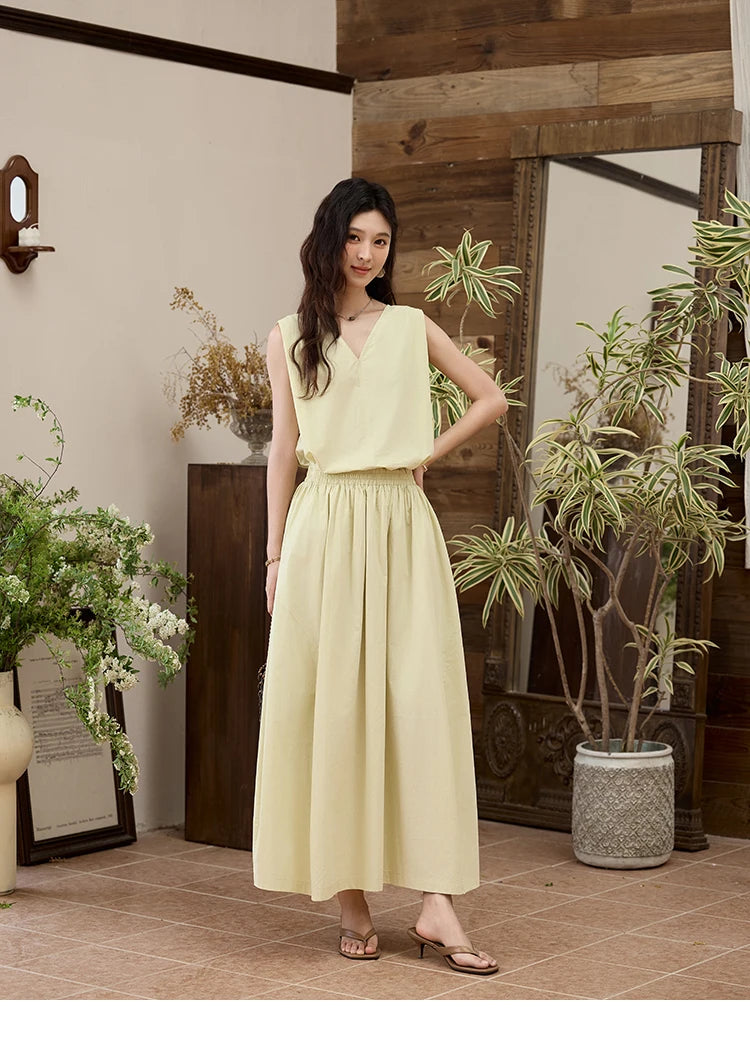 MISHOW Office Lady Solid Blouses Skirts Sets Women Summer 2025 V-neck Sleeveless Vest Elastic Waist Loose Skirts Sets MXE34T0604