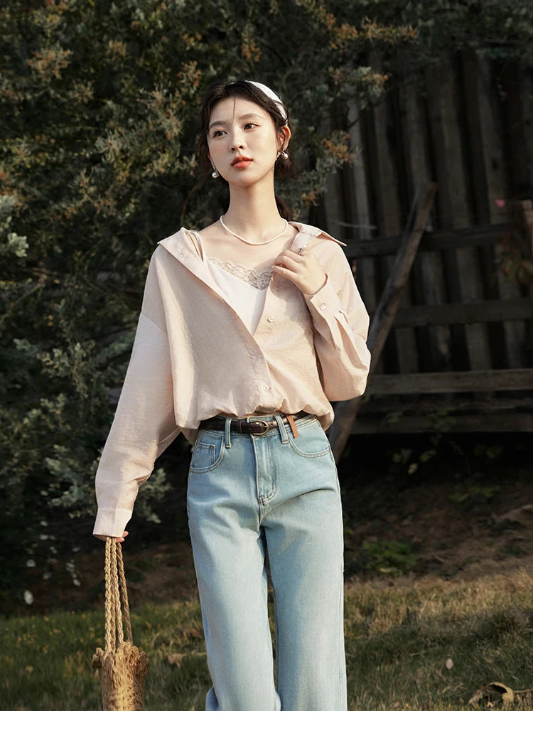 MISHOW Casual Spring Shirt Women New 2025 Long Sleeve Turn-down Collar Fake Two-piece Blouses Lady Fashion Loose Tops MXE16C0777