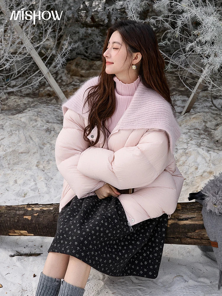 MISHOW Woolen Lapel Short Down Jacket 2025 Winter Women Thick Warm Down Jacket Pink Bread Jacket Commuting Outerwear MXE92Y0089