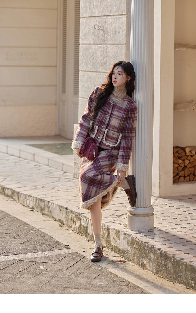 MISHOW Plaid Tweed Jacket Midi Skirt Separately Women 2024 Winter Korean Gentle Thick O-Neck Jacket Straight Skirt MXD54W0562