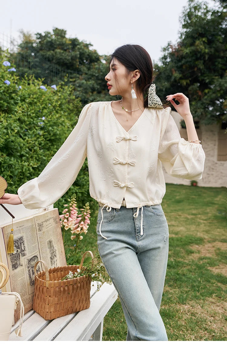 MISHOW Chinese Button Up Single Row Shirt for Women 2024 Spring Jacquard Hem Drawstring Puff Sleeve Solid Loose Top MXD14X1386