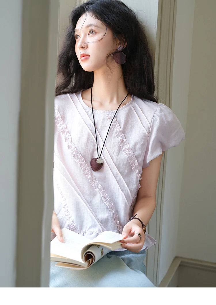 MISHOW Fashion Fungus Edge Puff Sleeve Blouses for Woman 2025 Summer O-Neck French Sweet Loose Top Ladies Clothing MXE39X1941