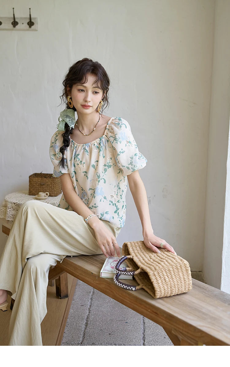 MISHOW Floral Hollow Blouse for Women 2024 Summer Korean Square Collar Elastic Blouses Sweet Puff Sleeve Loose Tops MXD29X1602