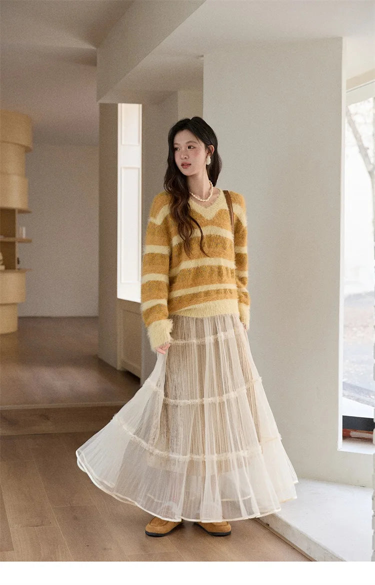 MISHOW Women's V-neck Knit Pullover Retro Yellow Striped Sweater 2025 Casual Faux Mink Jacquard Loose Knit Sweater MXE87Z2766