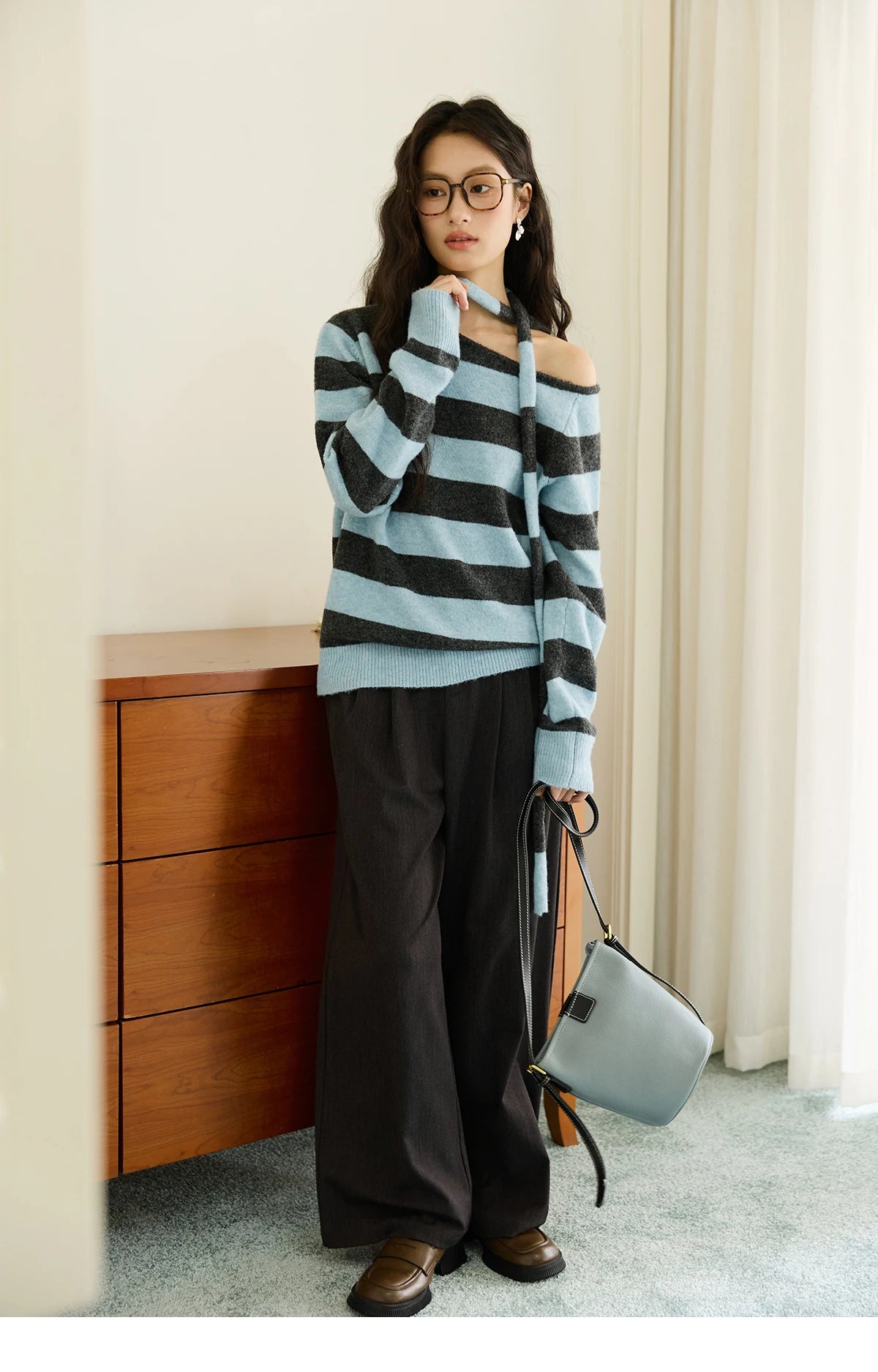 MISHOW Blue Gray Stripe Knitted Top 2025 Autumn Slanted Shoulder Collar Sweaters with Ribbon Loose Wool Blend Sweater MXE46Z2540