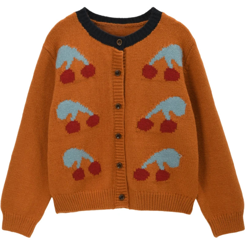 MISHOW Cherry Jacquard Knitted Cardigan for Women 2025 Winter Retro Sweet Round Neck Long Sleeves Sweater Commute Top MXE88Z2689