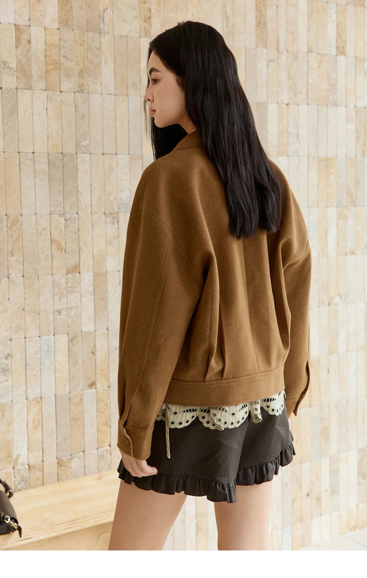 MISHOW Brown Woolen Coat for Women 2025 Winter Hollow Out Embroidery Turn Down Collar Retro Short Loose Casual Coat MXE49W0856