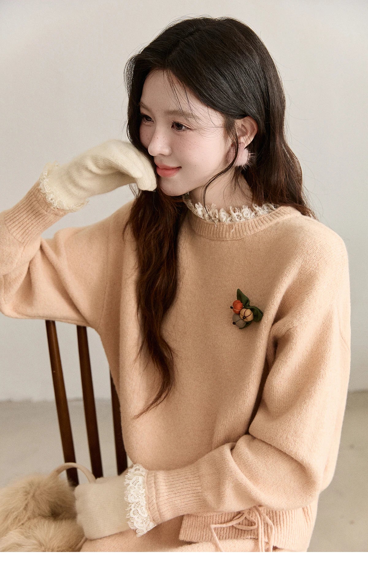 MISHOW Lace Trim Knitted Sweater Midi Skirt Set 2025 Winter Non Removable Brooch Decor Sweater Back Split Skirt Sets MXE92T1450