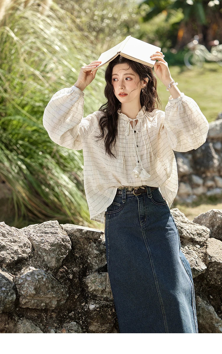 MiSHOW French Striped Blouses Women Spring New 2025 Long Sleeve Lace Collar Shirts Female Fashion Solid Chiffon Tops MXE12C0387