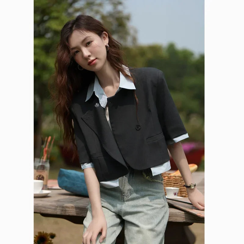 MISHOW Fake Two Short Suit Jackets for Women Summer Three Quarter Single Breasted Turn-down Collar Female Coats MXC33W0016
