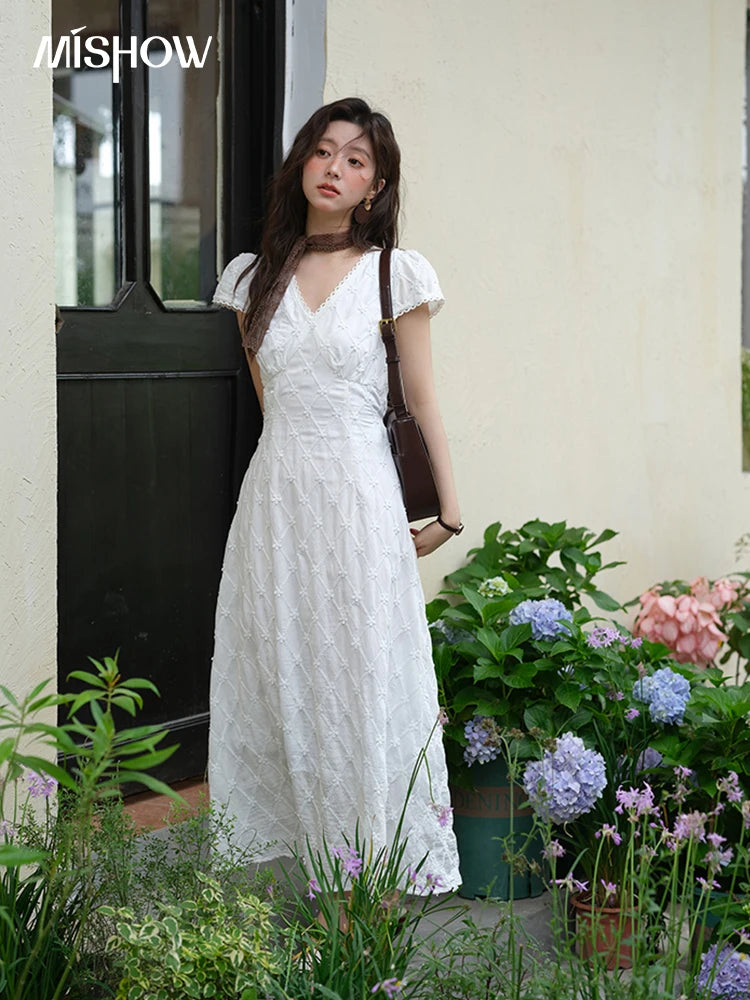 MISHOW Women's V-neck Lace Spliced Dress 2025 Summer New Embroidery Vacation French Style Jacquard Mid-Length Dresses MXE38L2378