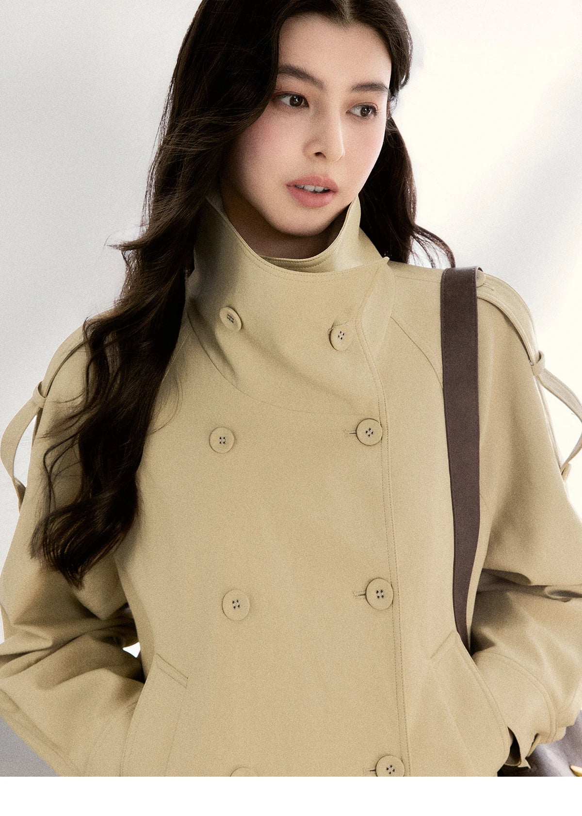 MISHOW Women's Khaki Cropped Short Leather Jacket 2026 Spring Lapel Stand Collar Double Breasted Casual Loose Coat MXF108W1000