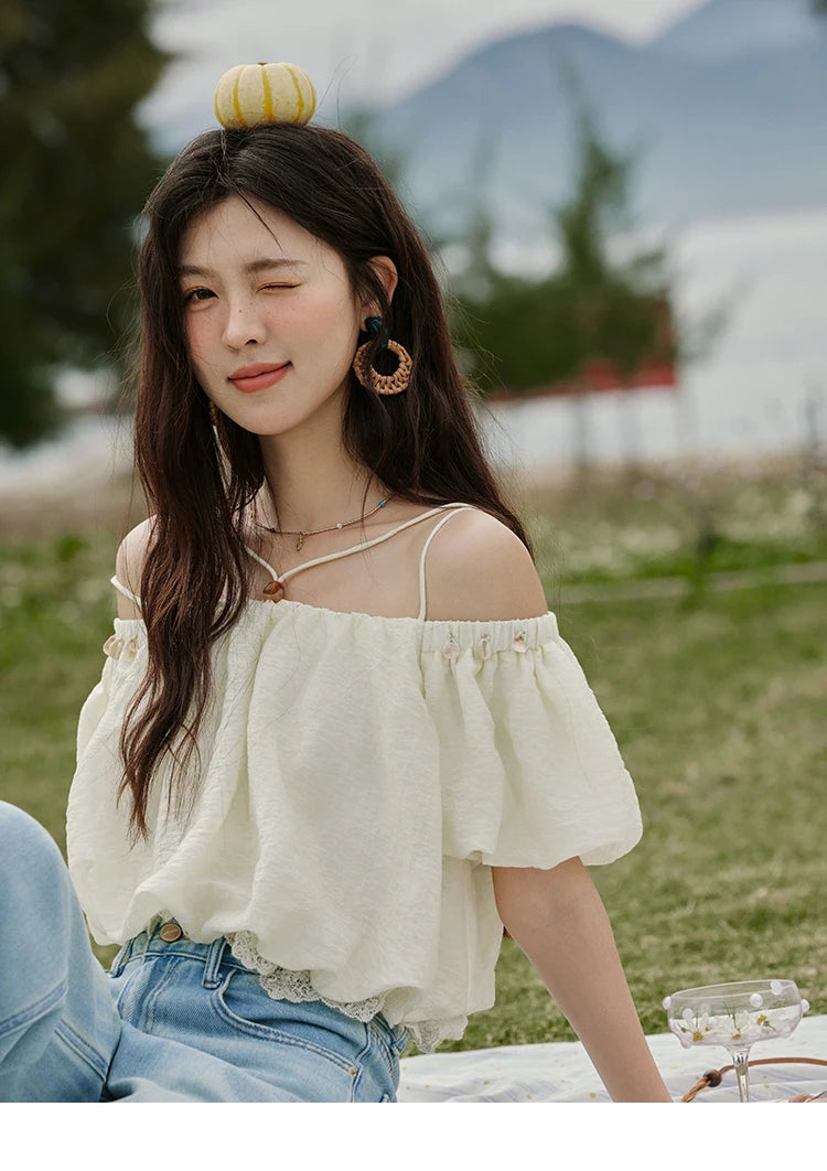 MISHOW French Summer Camisole Shirt Female 2025 New Solid Off-shoulder Short Sleeve Lace Tops Fashion Gentle Blouses MXE33X1755