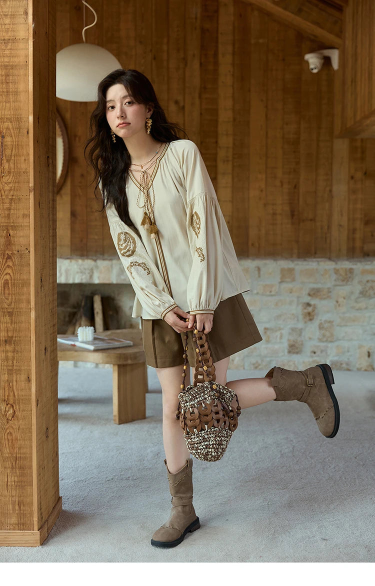 MISHOW Autumn Apricot Embroidered Blouses 2025 Contrasting Tassels Lace Up Blouses Lantern Sleeves Loose Vintage Top MXE41X1940