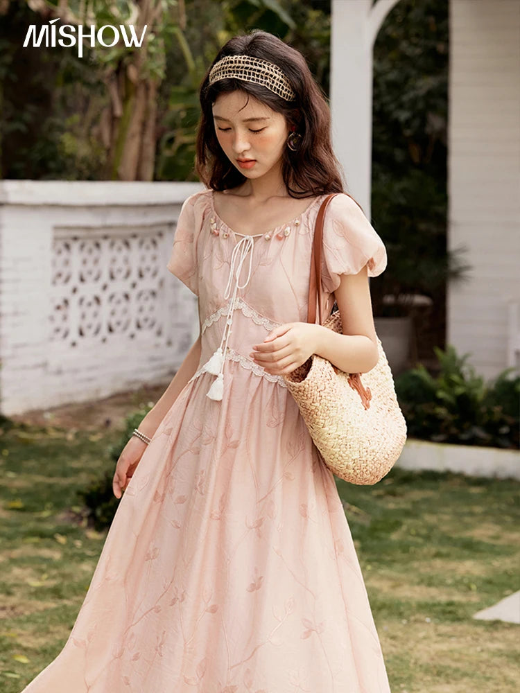 MISHOW Print Office Lady Dress Women Summer 2025 Short Sleeve Round Neck Beaded Neckline Slim Waist Dresses Female MXE33L2208