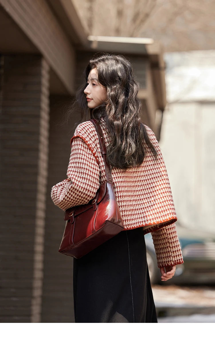 MISHOW Plaid Tweed Jacket Women Red Double Breasted Long Sleeve Tops 2024 Winter French Elegant Design Short Coat MXD56W0631