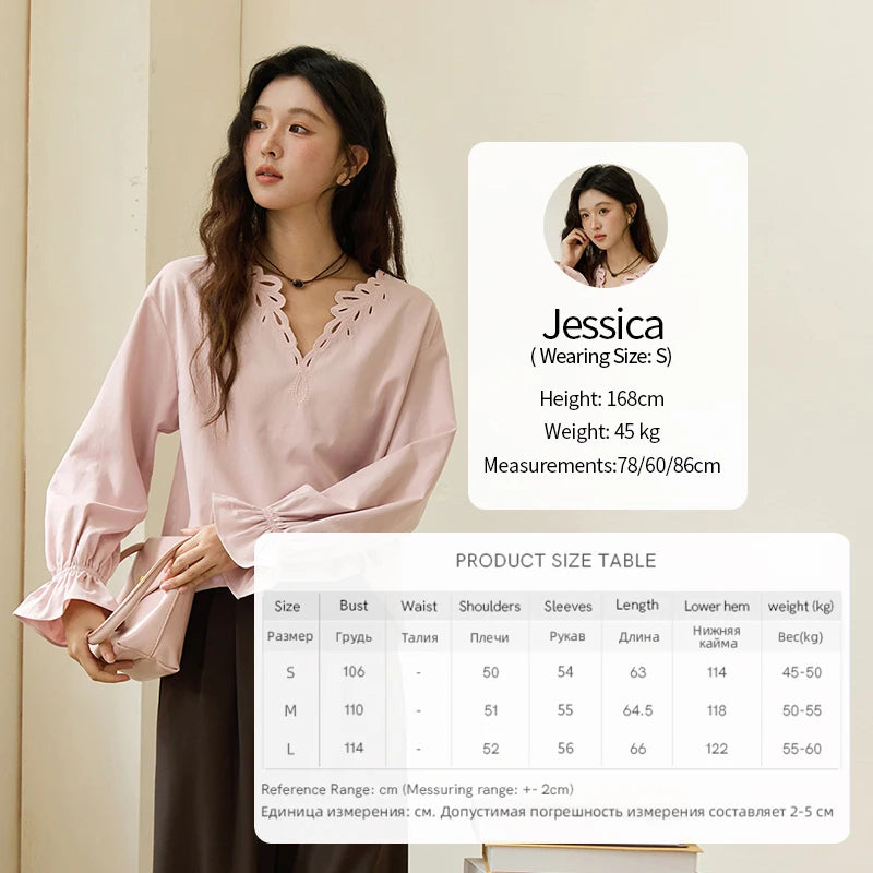MISHOW Women's Elegant Blouse 2025 Autumn French Style Hollow Out V Neck Pink Blouse Loose Commute Long Sleeves Top MXE48X2502