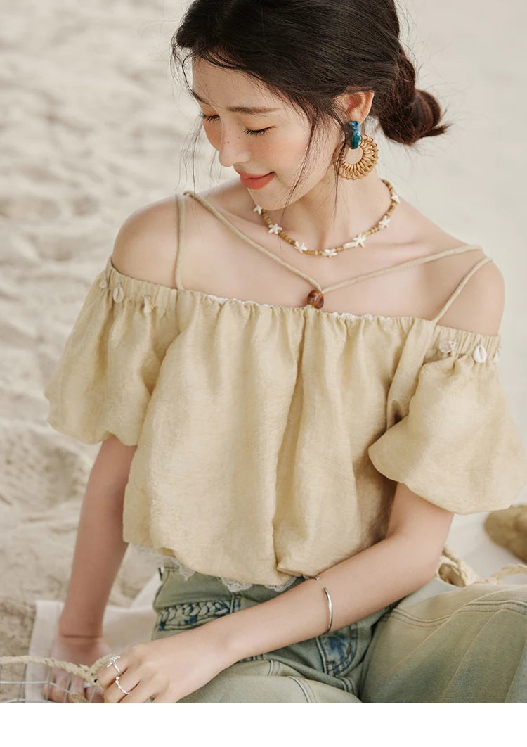 MISHOW French Summer Camisole Shirt Female 2025 New Solid Off-shoulder Short Sleeve Lace Tops Fashion Gentle Blouses MXE33X1755