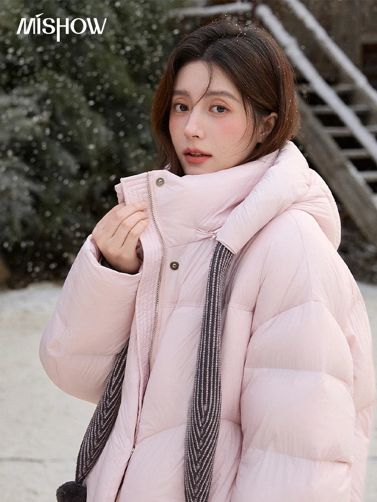 MISHOW Women's Pom-Pom Hooded Down Jacket 2025 Winter Sweet Short Lightweight Down Jackets Warm Windproof Coat MXE92Y0088