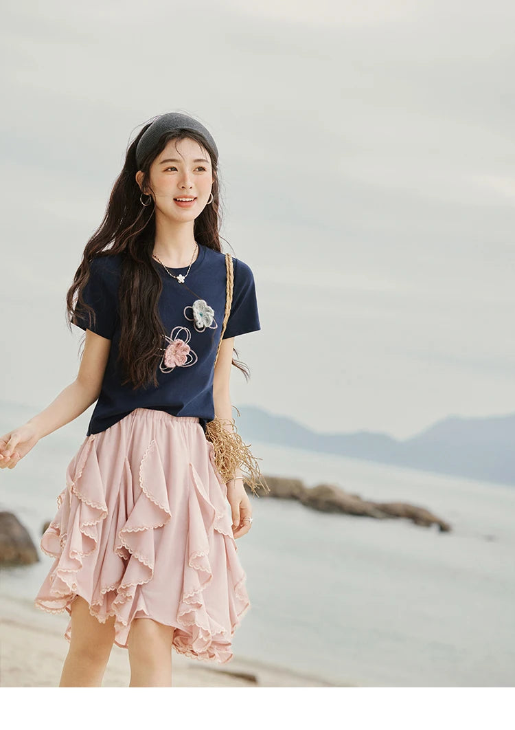 MISHOW Casual Summer Print T-shirts Women New 2025 Short Sleeve Round Neck Flower Beaded Shirts Female Fashion Tops MXE33T0499