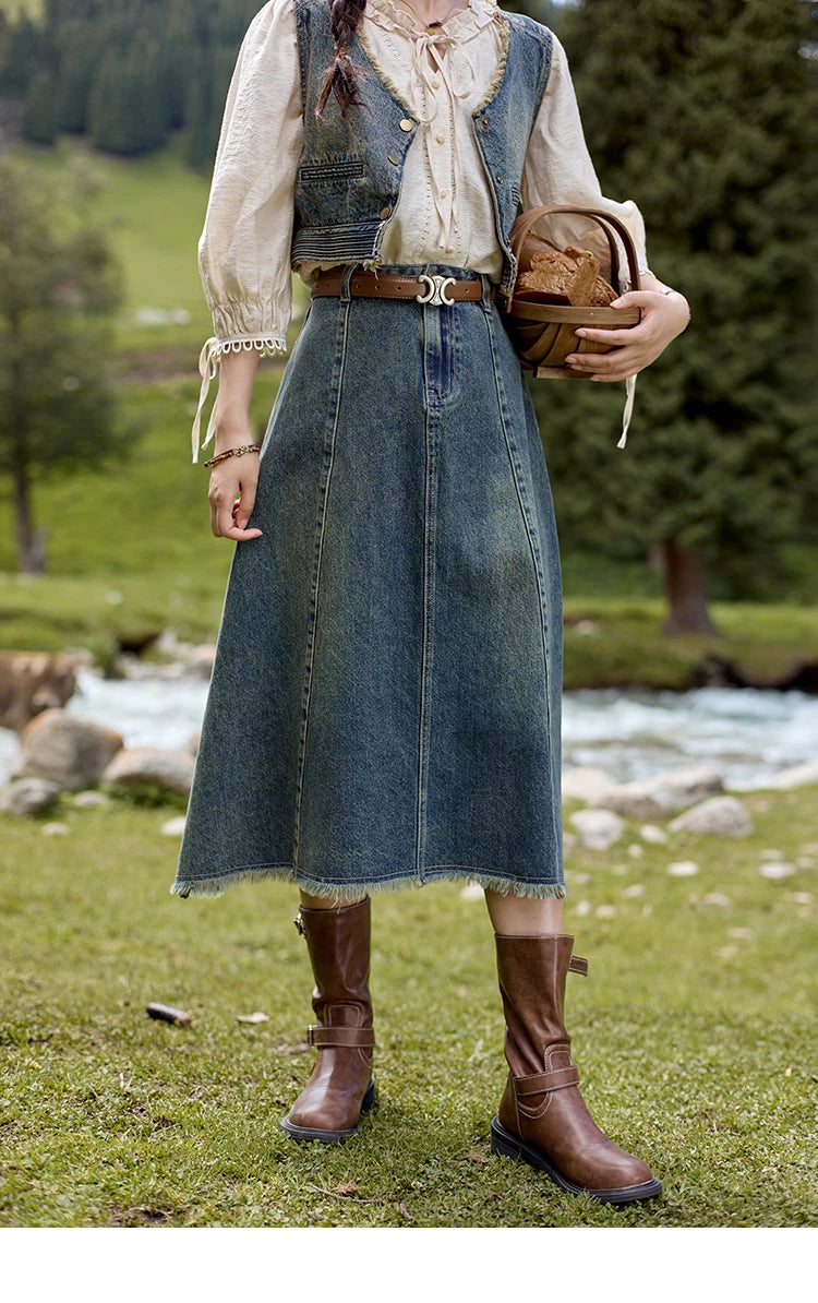 MISHOW Washed Hem Fringed Denim Midi Skirt 2024 Autumn Commuting Versatile A-line Long Skirt Retro Blue Casual Skirts MXD41B0453