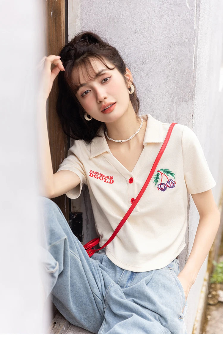 MISHOW Summer T-shirts for Women Korean Fashion Polo Collar Embroidery Letter Short Tops Harajuku Casual Solid Tees MXB32T0477