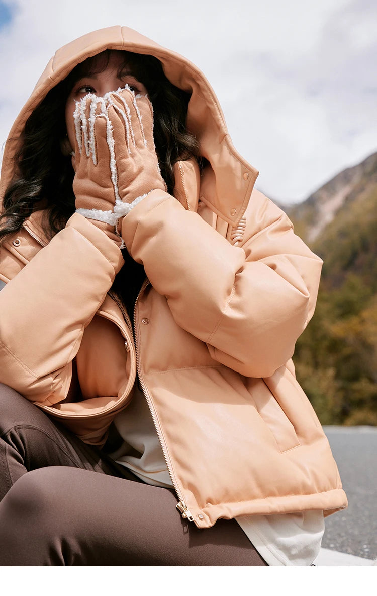 MISHOW Women's Winter Down Jacket 2023 Hooded Short White Duck Down Coats Imitation Protein Leather Puffer Jackets MXC52Y0008