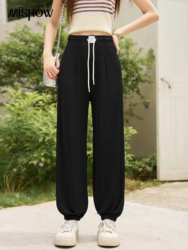 MISHOW Casual Pants for Women 2023 Summer Solid High Waist Slim Straight Elastic Waist Trousers Ankle-Length Pants MXC33K0069