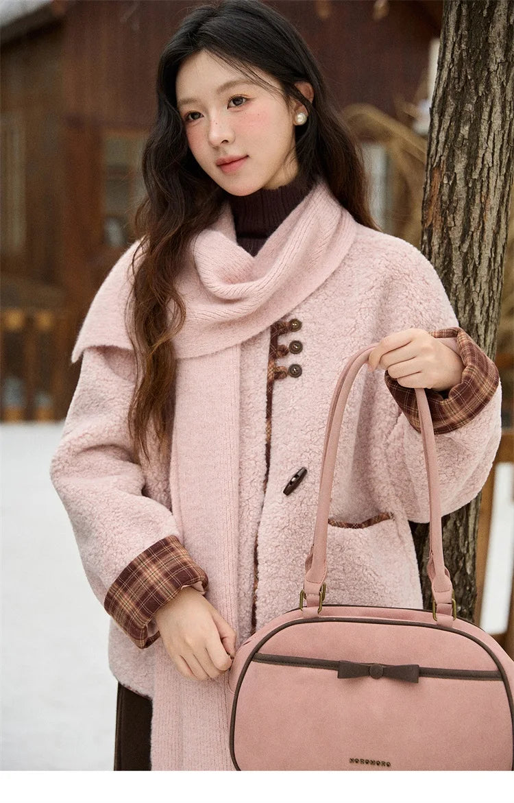 MISHOW Woman Plaid Patchwork Lamb Wool Coat 2025 Winter Round Neck Coat Commute Warm Loose Jacket （Without A Scarf）MXE90W0923