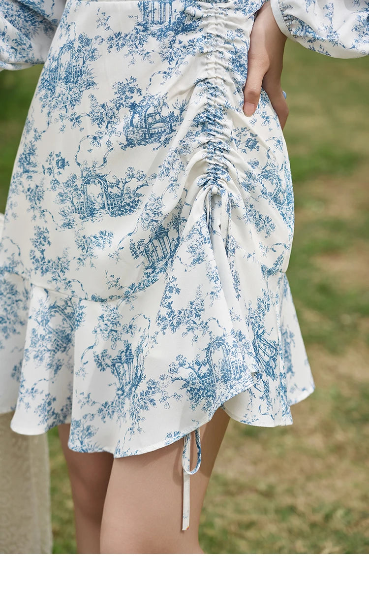 MISHOW French V-neck Chiffon Dress 2025 Spring Slim Blue and White Porcelain Printing Temperament Floral Dresses MXD15L1673