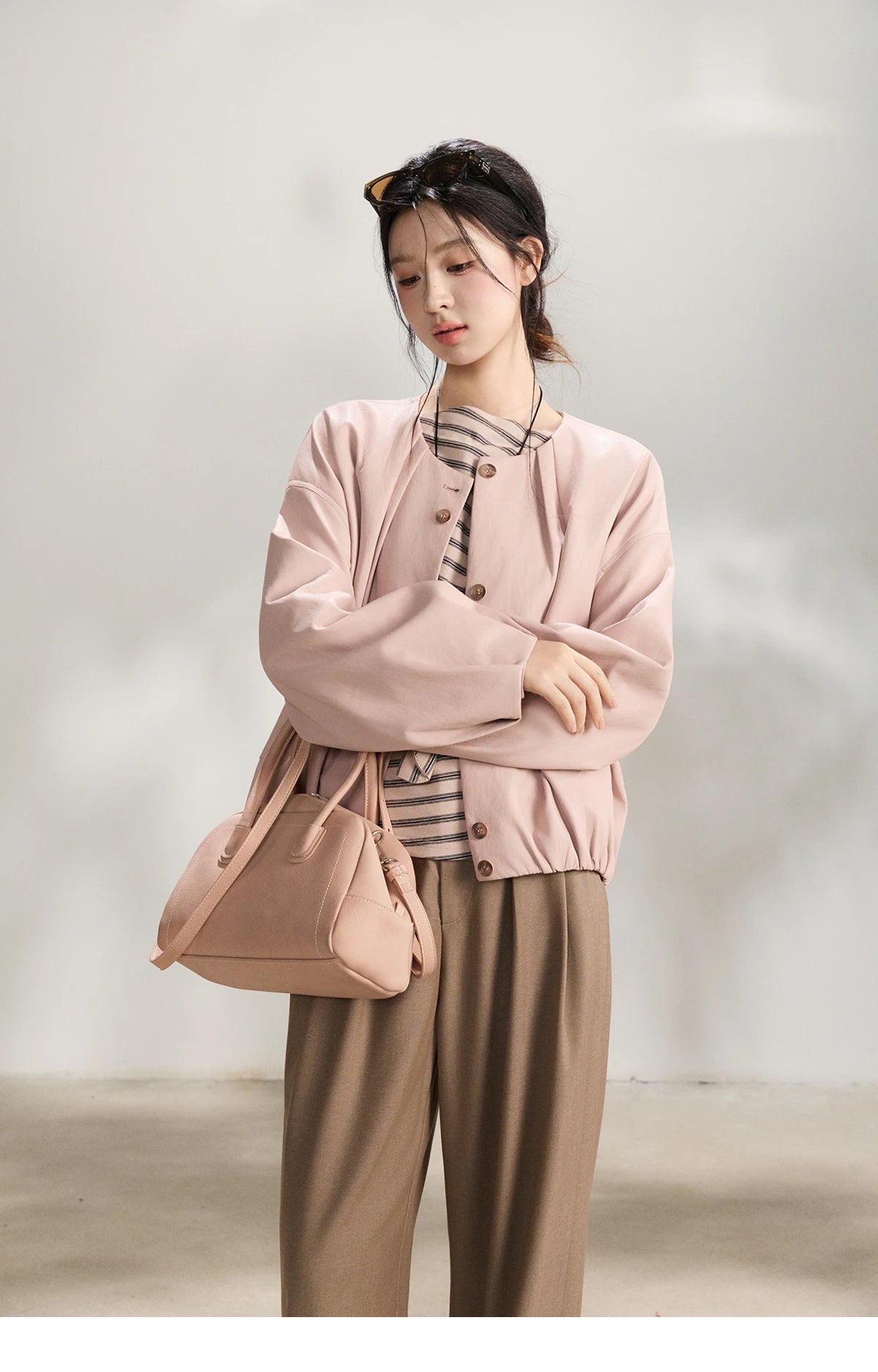 MISHOW Women's Pink Flower Bud Leather Jacket Spring 2026 Crew Neck Single-breasted Coats Casual Loose Cropped Coat MXF108W1001