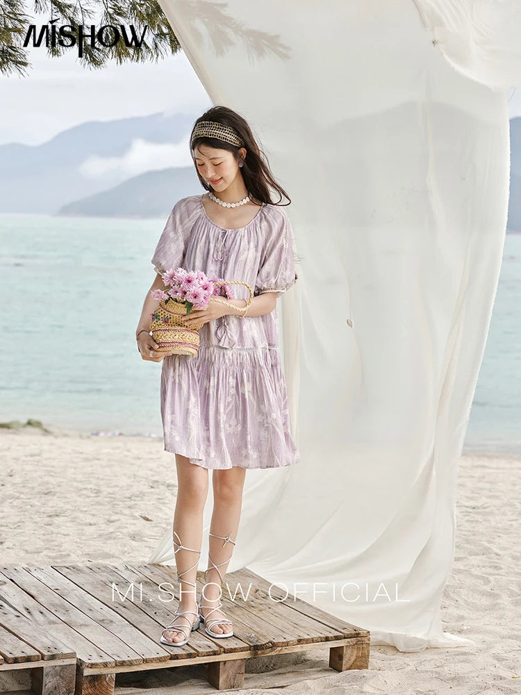 MISHOW Print Summer Chiffon Dress Women 2025 Short Sleeve U Neck Splicing Hollow Lace Midi Dresses Lady New Fashion MXE32L2164