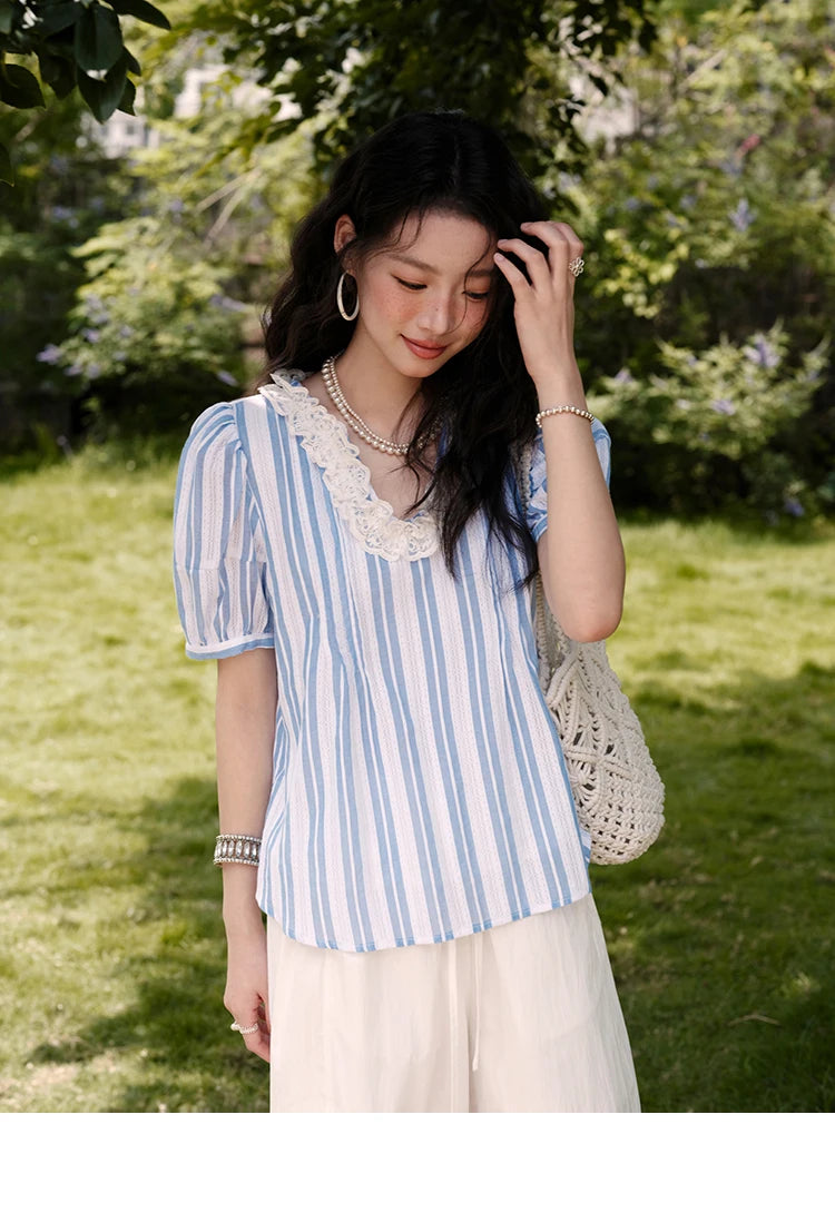 MISHOW 2025 Summer New 100% Cotton Striped Blouse Women Fashion Lantern Sleeve Lace V-neck Casual Top Ladies Clothing MXE36X1845