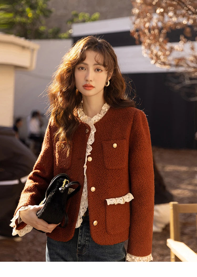 MISHOW Wool Coat for Women Winter Korean Retro Lace Splicing Lamb Wool Button Pockets Thickened Warm Female Coat MXB43W0720