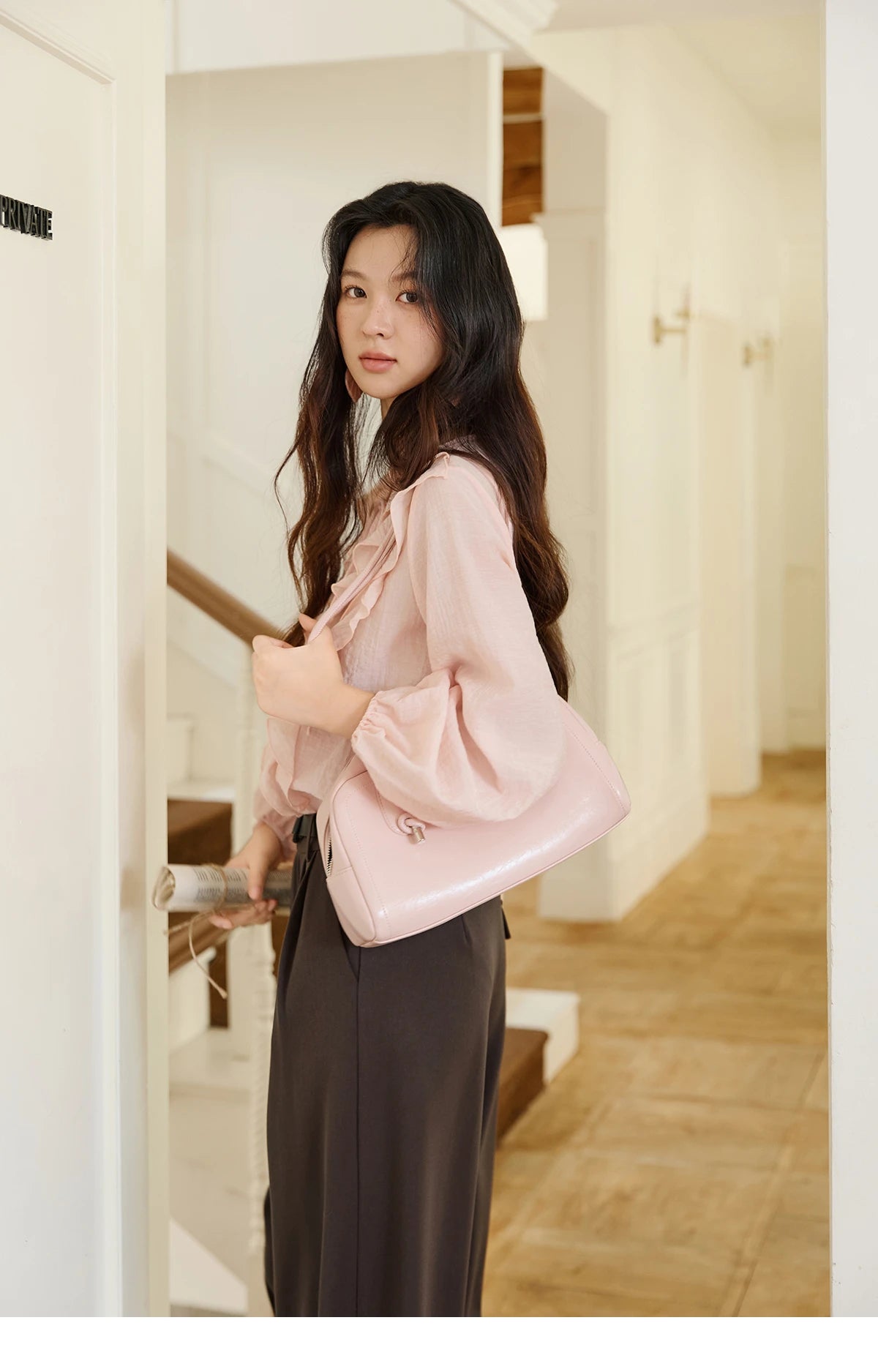 MISHOW Pink Ruffled Blouse for Woman 2025 Autumn New Elegant Sweet V-neck Lace-up Design Shirt Lantern Sleeves Top MXE49X2504