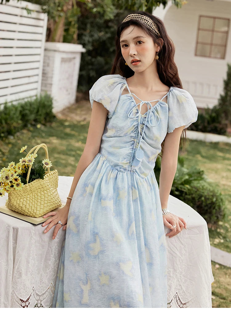 MISHOW V-Neck Lace-Up Puff Sleeve Midi Dress MXE34L2227