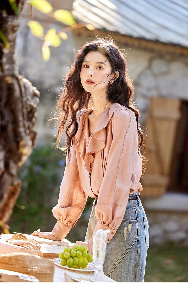 MISHOW Lotus Leaf Collar Shirt Bubble Sleeves Pink Shirt for Women Spring 2025 Sweet Chiffon Top Temperament Shirts MXE12X1702