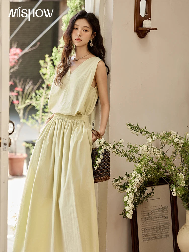 MISHOW Office Lady Solid Blouses Skirts Sets Women Summer 2025 V-neck Sleeveless Vest Elastic Waist Loose Skirts Sets MXE34T0604