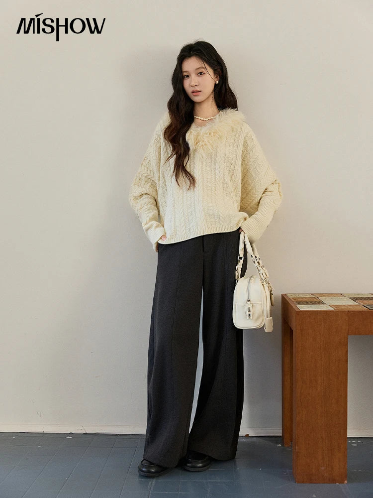 MISHOW Women's Batwing Sleeve KnittedSweater 2025 Winter Faux Fur Collar Cable Knit Puff Sleeve Warm Pullover Tops MXE94Z2985