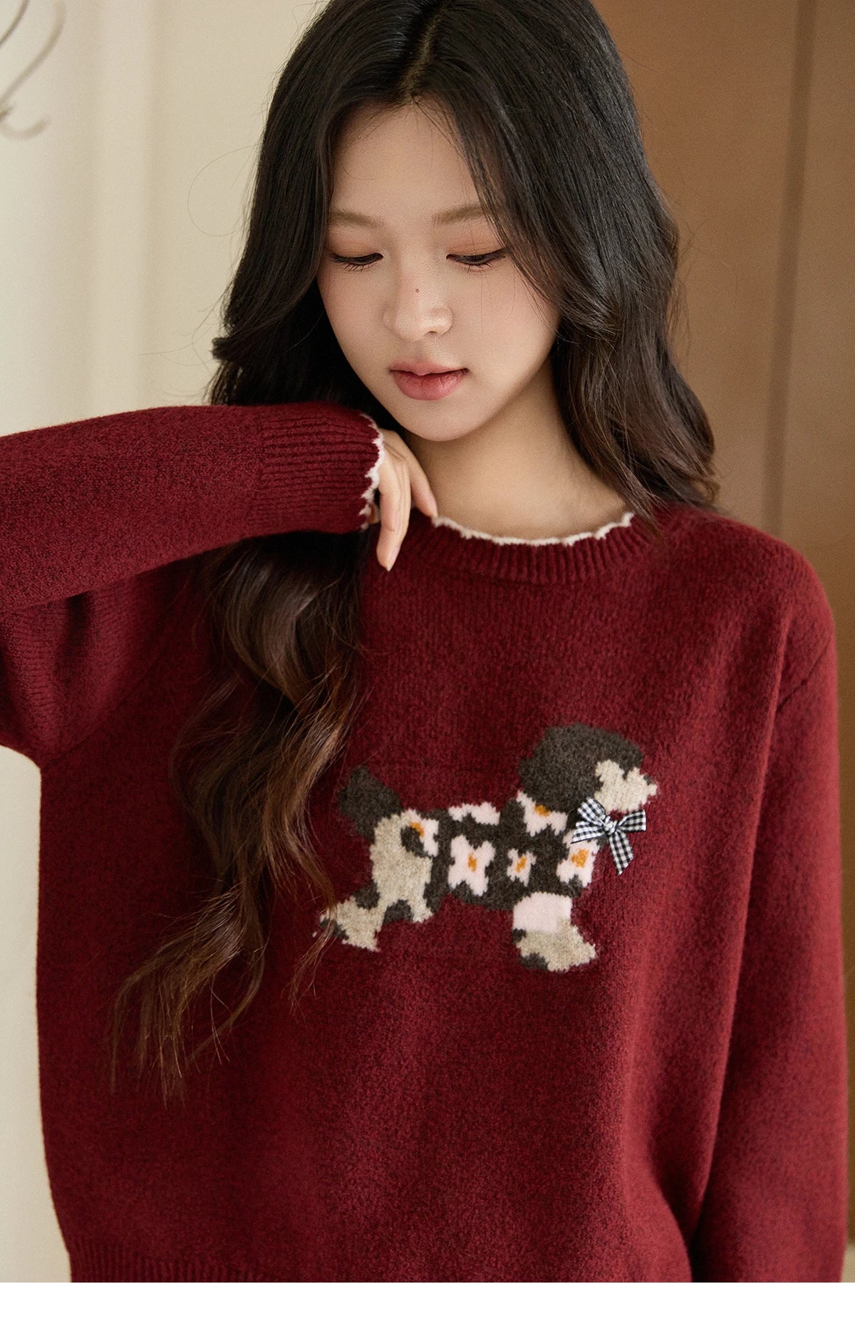 MISHOW Women's Burgundy Knitted Sweater 2025 Winter Poodle Pattern Ruffled Trim Crew Neck Sweater Warm Pullover Tops MXE93Z2949