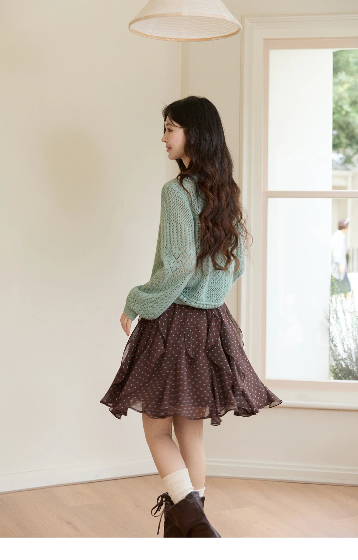 MISHOW Women's Brown Polka Dot Skirt Spring Irregular Ruffled Chiffon Elastic Waist Skirts Casual A-line Mini Skirt MXF13B2476