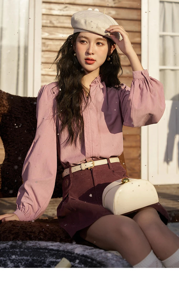 MISHOW French Autumn Winter Button Up Lantern Long Sleeve Shirts Women Ruffle Neck Thick Warm Blouse Flannel Shirt MXC56X1320